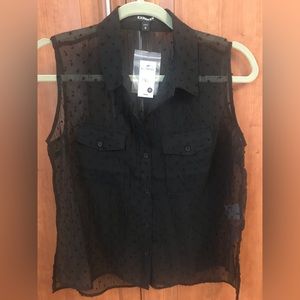 Express Sheer Swiss Dot Sleeveless Pocket Shirt